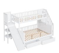 XPSSJMU Cama Juvenil 90 * 200/140 * 200 cm, litera de Madera Maciza con tobogán y Estante con escalones de Seguridad, Dos Grandes cajones y somier de láminas, Color Blanco.