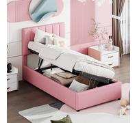 XPSSJMU Cama Juvenil, Cama tapizada de 90x200 cm, Cama Alta hidráulica con canapé, de Lino Respetuoso con la Piel, Color Rosa