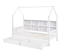 XPSSJMU Cama juvenil con estantería multiusos y dos cajones grandes con espacio de almacenamiento y forma de chimenea, 90 x 200 cm, color blanco