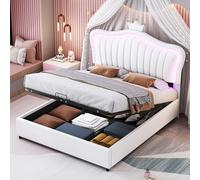 XPSSJMU Cama Juvenil tapizada de 140 x 200 cm, canapé hidráulico, Estructura de Cama Individual Corona Blanca de PU con somier de láminas y Respaldo.