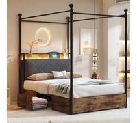 XPSSJMU Cama Multifuncional de 90x190 cm, con Espacio de almacenaje y Dosel de forja, con Postes extraíbles y Dos cajones, Cama Individual de Hierro.