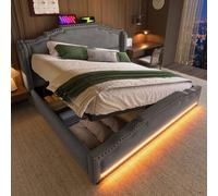 XPSSJMU Cama tapizada 140x200, Cama de Matrimonio con canapé hidráulico, canapé y Cama Juvenil con somier de láminas, Terciopelo, Gris, con colchón