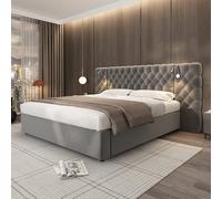XPSSJMU Cama tapizada 160 x 200 cm, Cama hidráulica, Cama canapé, Cama Doble, cabecero Ancho y Suave, con iluminación y Espacio de almacenaje, somier de láminas de Madera, Terciopelo, Gris