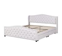 XPSSJMU Cama tapizada 180 * 200 con somier y cabecero, Cama de Matrimonio, canapé con 2 cajones, Cama tapizada con cabecero Alto y canapé, Soporte de láminas de Madera, PU, Blanco
