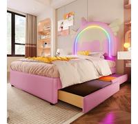 XPSSJMU Cama tapizada, 90 x 200 cm, sin colchón, con Banda Luminosa, Cama con 2 cajones, Forma de Unicornio, PU, Rosa