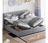 XPSSJMU Cama tapizada de 180 x 200 cm, Cama Alta hidráulica con canapé, Cama Alta de Lino Agradable para la Piel, Cama Doble Multifuncional, Color Gris.
