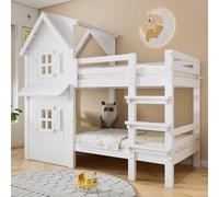 XPSSJMU Litera, Atractivas Ventanas y Techo, barandillas de Seguridad Laterales, Escalera Recta de Tres peldaños, Bases de Cama de láminas Resistentes, Pino + MDF + contrachapado, Blanco, 90x200cm