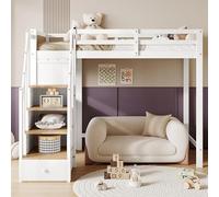 XPSSJMU Litera, con barandilla de Seguridad en Contraste, Escritorio con 3 cajones, Armario con Escalera de 4 peldaños, Estante Abierto, Pino+MDF, Blanco+Natural, 90x200cm