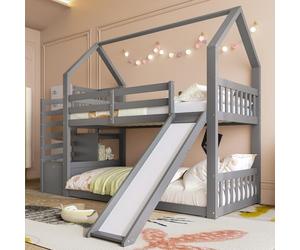XPSSJMU Litera con Escalera de almacenaje y tobogán, Cama-casita (sin colchón), Cama Juvenil con barandilla, Adecuada para Adolescentes, 90x200 cm, Gris