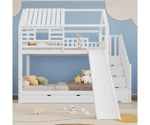 XPSSJMU Litera con Escalera y tobogán, Cama casita, Escalera con Espacio de almacenaje, Estructura de Pino y MDF con Ventana y Techo, con barandilla de Seguridad y cajón, Color Blanco, 90x200cm*2