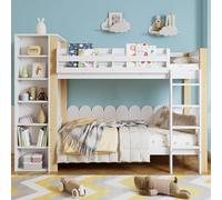 XPSSJMU Litera con protección anticaídas y barandilla, con Escalera de 4 peldaños, 6 estantes Abiertos, Armario Lateral, Amplio Espacio de almacenaje, Pino+PB, Blanco+Natural, 90x200cm