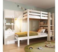 XPSSJMU Litera de 90 x 200 cm con luz Nocturna Inteligente, diseño Escalonado con Armario, Estante y cajones, Amplio Espacio de Almacenamiento, 90 x 200 cm, Blanco, EN747-1:2024