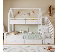 XPSSJMU Litera, Dos cajones con Ruedas, Atractivo diseño de Techo, con barandilla de Seguridad y Armario de Escalera, Pino + MDF + contrachapado, Blanco, 90x200cm y 140x200cm