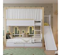 XPSSJMU Litera, Dos cajones con Ruedas, con tobogán Juvenil, Cama Superior con Cortina de Tela, Pino + MDF + contrachapado, Blanco + Natural, 90x200cm