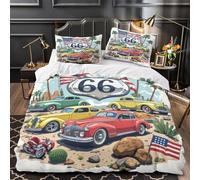 XQGASOEBN 3 Piezas Microfibra Classic Cars USA Funda Edredon Impresión 3D Funda Almohada Suave Vintage Road Trip Juego Fundas Edredón for niña Single（135x200cm）