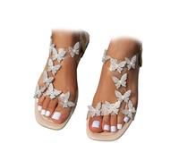XQILGVF Sandalias planas con decoración de mariposas y diamantes de imitación para mujer, sandalias planas con diamantes de imitación brillantes, sandalias de mariposa de moda para mujer (Beige,36)