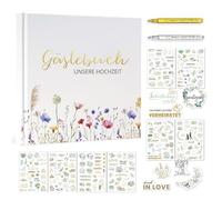 XQZMD Libro de visitas para boda, libro de visitas para bodas con 8 pegatinas + 2 lápices metálicos, 144 páginas de papel de alta calidad, libro de visitas para rellenar y pegar fotos, ideal para