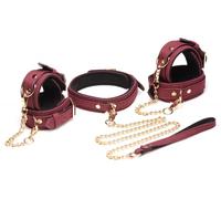 XR Brands Master Series - Juego de esposas de ante BDSM de 6 piezas con cuello y correa - Burdeos