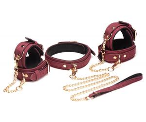 XR Brands Master Series - Juego de esposas de ante BDSM de 6 piezas con cuello y correa - Burdeos