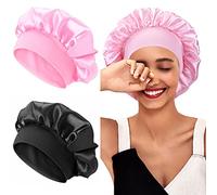 XRACEPHOL 2 capullos de satén para dormir, 2 unidades, capo transpirable para mujeres negras, gorro de satén para dormir, banda elástica ancha, gorro de dormir, capo para dormir (negro + rosa)