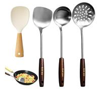 XRPRPX Juego de Utensilios de Cocina Incluye 1 Paleta de Cocina 1 Espumadera de Cocina 1 Cucharón de Cocina y 1 Cuchara de Arroz Espátula de Cocina de Acero Inoxidable con Mango de Madera