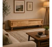 XRRJFYH Mueble TV de Madera Maciza con Puertas Correderas para Salón | Mesa TV Salón 30 cm Fondo, Amplio Almacenaje, Patas de Madera(Natural,180cm/71in)