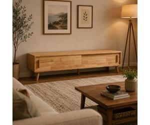 XRRJFYH Mueble TV de Madera Maciza con Puertas Correderas para Salón | Mesa TV Salón 30 cm Fondo, Amplio Almacenaje, Patas de Madera(Natural,160cm/63in)