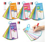 XRVRILE 4 Libros Tarjetas de Aprendizaje con 8 Rotuladores Borrables, Fichas Matemáticas Borrables para Aprender a Sumar Restar Multiplicar Dividir