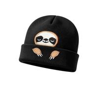 XRVRILE Gorro Perezoso Negro, Gorro de Invierno Divertido de Punto Caliente, Gorro Unisex con Bordado Animal, Accesorio de Moda para Mujer y Hombre
