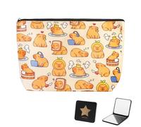 XRVRILE Neceser Maquillaje Capybara Set con Espejo - Neceser Mujer Grande de Lino Impermeable con Cremallera, impresión Doble Cara, Bolsa cosmética para Viaje, Uso Diario e Idea Regalo