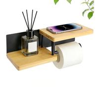 XRVRILE Portarrollos, Soporte de Papel Higiénico para Pared, con o sin Taladro, Diseño de Papel Higiénico de Madera y Metal, Dispensador de Rollo de Papel Higiénico PQ, Color Negro y Bambú