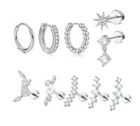 XSDSLS 10 piezas de joyería para piercing de hélice, pendientes de acero quirúrgico para trago, piercing de acero inoxidable para cartílago, hélice, oreja, pendientes con parte posterior plana (Plata)