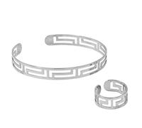 XSDSLS Conjunto de joyas para mujer, brazalete de plata y oro, brazalete ajustable con forma de corazón, brazalete con forma de corazón, anillo vintage con patrón de la Gran Muralla para mujer (Set3)