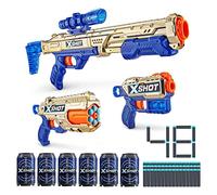 XSHOT Excel Royale Edition Combo Pack - Golden Hawk Eye Blaster, Reflex 6 Blaster, Kickback Blaster (48 Dardos, 6 latas), Lanzador de Dardos de Espuma Dorada, buzón