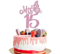 Xsstarmi 1 paquete de decoración para tarta de 15 cumpleaños con purpurina morada Hello 15 fabulosos quince picks, decoración para tartas de cumpleaños número 15