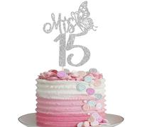Xsstarmi 1 paquete de decoración para tartas Mis 15 con purpurina plateada con texto "Hello 15 Fabulous Fifteen Cake Pick Cheers to 15 Mis Membrillo Cake Decor for Happy 15th Birthday Party Supplies