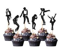 Xsstarmi 24 paquetes de adornos para cupcakes de Dance King Jackson, relucientes para cupcakes, para danza temática, música, accesorios para fiestas de cumpleaños, color negro