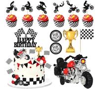 Xsstarmi 31 paquetes de decoración para tartas de moto Hot Wheels decoración para tartas de cumpleaños con pelota de bandera a cuadros trofeos Dirt Bike Cake Topper para niños Baby Shower cumpleaños