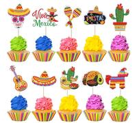 Xsstarmi 40 paquetes de adornos mexicanos para cupcakes de fiesta mexicana, cactus, burro, cupcakes, maraca, sombrero, pimienta, decoración para tartas, decoración de verano, fiesta, cumpleaños,