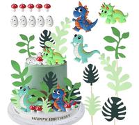 Xsstarmi Decoración para tartas con temática de dinosaurio, hojas verdes, huevos de dinosaurio, palillos para decoración de tartas con temática de dinosaurios, baby shower, fiesta de cumpleaños