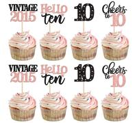 Xsstarmi Paquete de 24 adornos para cupcakes de 10º cumpleaños con purpurina 10 Hello Ten Vintage 2015 para cupcakes de felicitación a 10 decoraciones para tartas para 10 fabulosos suministros de