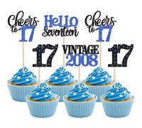 Xsstarmi Paquete de 24 adornos para cupcakes de 17º cumpleaños con purpurina azul 17 Hello Seventeen Vintage 2008, decoración de pastel de cumpleaños para 17 fabulosos suministros de fiesta de