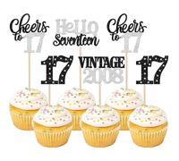 Xsstarmi Paquete de 24 adornos para cupcakes de 17 cumpleaños con purpurina plateada 17 Hello Seventeen Vintage 2008, decoración para tartas de 17 cumpleaños para 17 fabulosos suministros de fiesta de