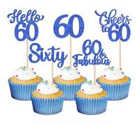 Xsstarmi Paquete de 30 adornos para cupcakes de 60 cumpleaños con purpurina azul Hello 60 Fabulous Fifty Birthday Cupcake Picks Cheers to 60 Years Cake Decor for Happy 60th Birthday Party Supplies