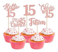 Xsstarmi Paquete de 30 adornos para cupcakes de cumpleaños número 15 con purpurina Hello 15 Fabulous Mis 15 Quince Cupcake Picks Cheers to 15 Birthday Cake Decoraciones para fiesta de cumpleaños 15,