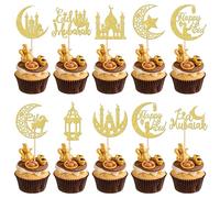 Xsstarmi Paquete de 30 adornos para cupcakes de Eid Mubarak con purpurina dorada, luna, estrella, Ramadán, Kareem, decoración de cupcakes Eid al-Adha, decoración de cupcakes para fiesta temática