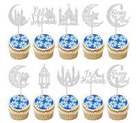 Xsstarmi Paquete de 30 adornos para cupcakes de Eid Mubarak, dorados, plateados, luna, estrella, ramadán, Kareem, decoraciones para cupcakes de Eid al-Adha, decoración de tartas para fiestas temáticas