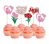 Xsstarmi Paquete de 30 adornos para cupcakes del Día de la Madre - Palillos de corazón rosa con purpurina para cupcakes - Las mejores decoraciones para tartas para el día de la madre y fiestas de
