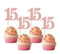 Xsstarmi Paquete de 36 adornos para cupcakes número 15 con purpurina para cumpleaños de 15 años, decoración para cumpleaños, boda, aniversario, fiesta, decoración de pasteles, color oro rosa