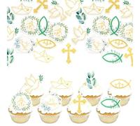 Xsstarmi Paquete de 60 adornos comestibles para cupcakes de bautismo cristiano, papel de arroz, cruz, iglesia, Mi Bautizo, para cupcakes para Dios bendiga, baby shower, fiesta de cumpleaños